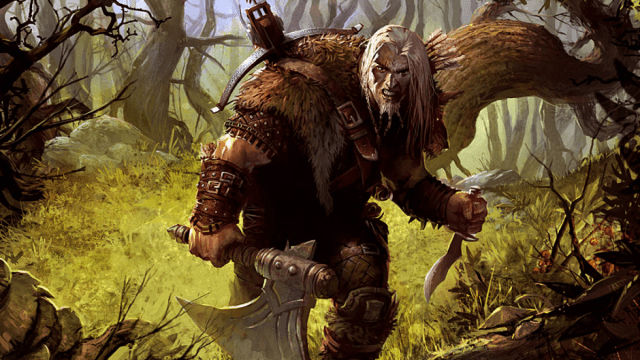 A rugged mountain man with an axe, knife, and crossbow sits in front of a green miasma in MtG.