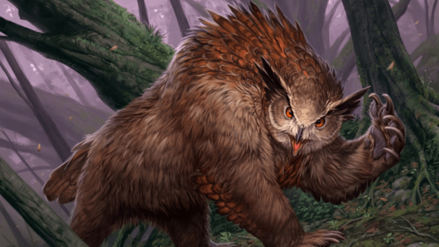 A large, bear-like creature with the face and beak of an owl stalks forwards in a forest in MtG.