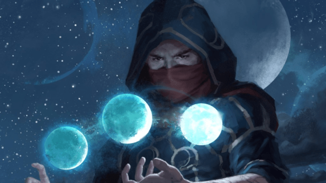 A spellcaster with a hood and mask looks at three different blue orbs in MtG.