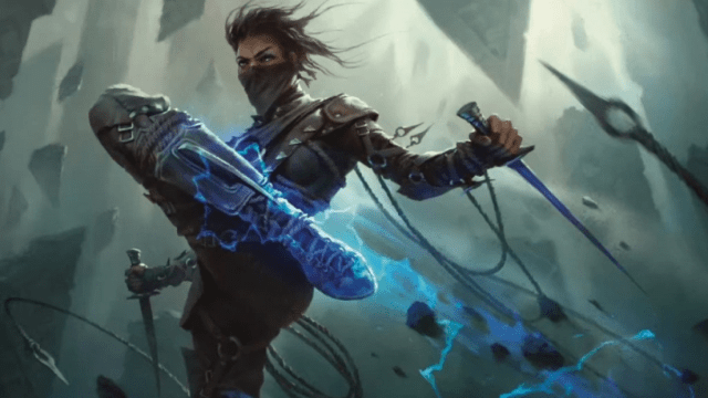 A man with a mask kicks with blue energy, holding two knives in a dark cave of MtG.