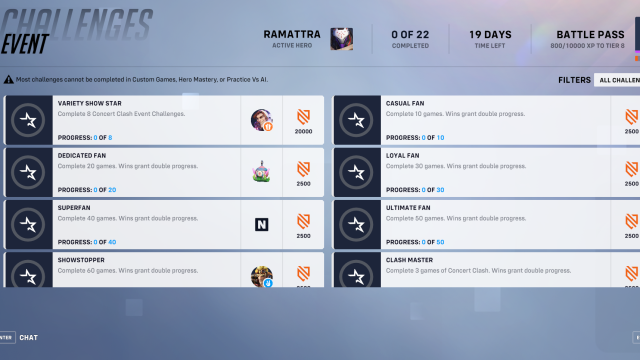 A screenshot of the event challenges page showing the Variety Show Star challenge that player can complete to earn the Le Sserafim Junkrat skin.