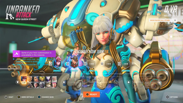 D.VA on the agent select screen with the error on in the chat box in Overwatch 2