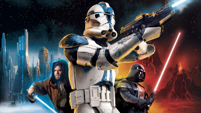 Obi Wan and Darth Vader holding lightsabers with a Stormtrooper at the front of the Star Wars cover