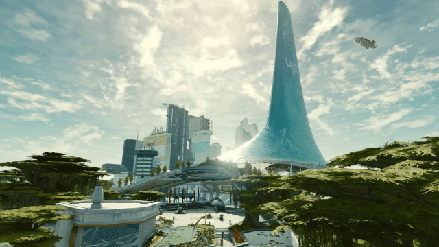 A massive city in Starfield with skyscrapers and flying cars featuring a cloudy backdrop