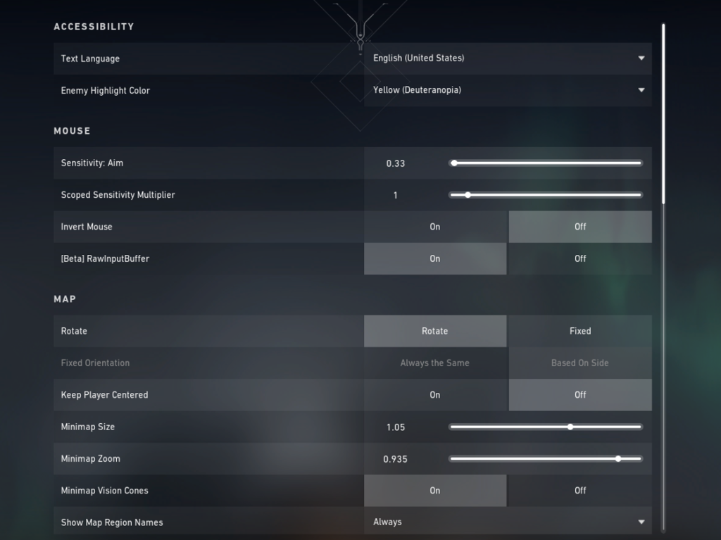 Accessibility, Mouse, and Map settings in VALORANT.